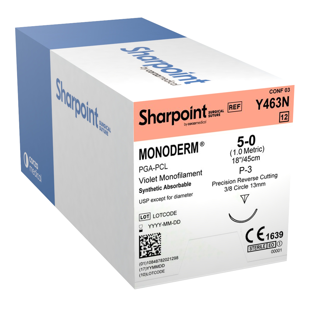 Suture Absorbable Suture with Needle Monoderm™ Polyglycolic Acid 3/8 Circle Precision Reverse Cutting Needle Size 5 - 0 Monofilament by Angiotech - Look Division - Surgical Specialties Corp.  ID Y463N